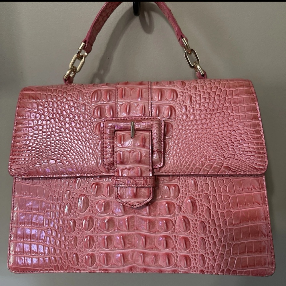 Brahmin Pink Punch Hallie Crocodile-Embossed Handbag